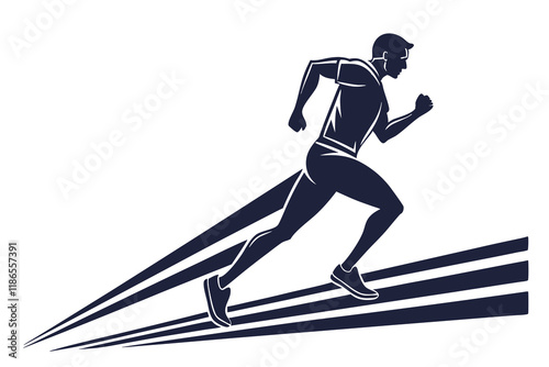 A man's silhouette sprinting swiftly, set against a stark white backdrop, rendered as a vector graphic in a striking minimalist design