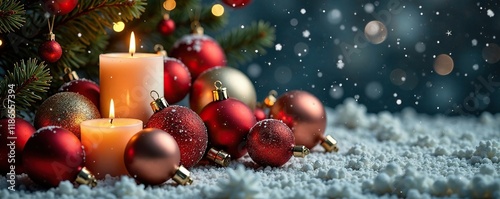 A jumbled heap of Christmas ornaments and candles, festive tablecloth, holiday cheer, snowy background photo