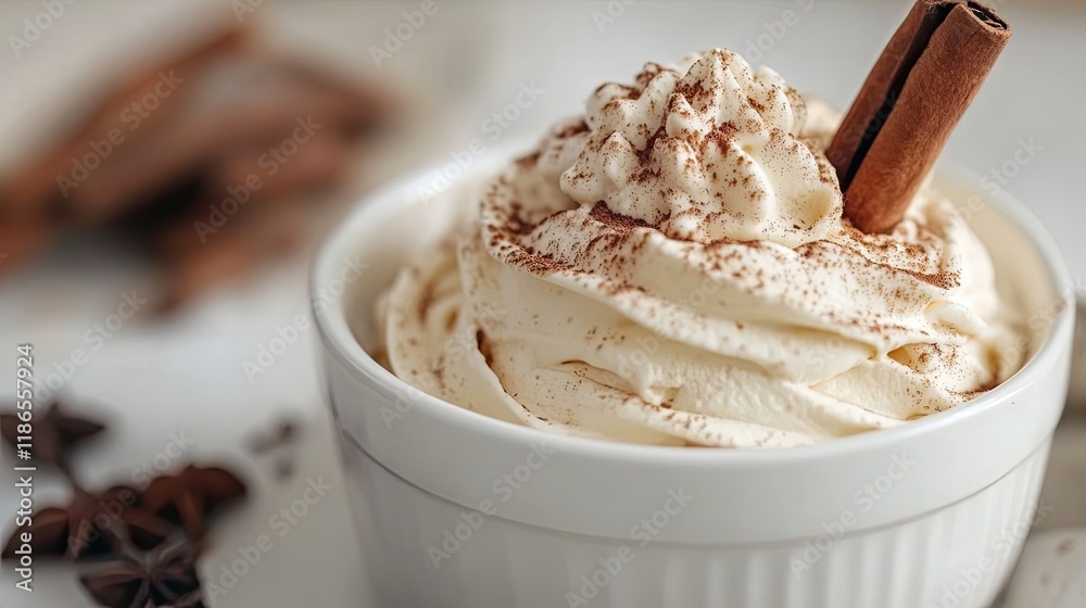 Whipped Cream with Cinnamon Stick and Cocoa Powder in a White Bowl Whipped Cream with Cinnamon Stick and Cocoa Powder in a White Bowl