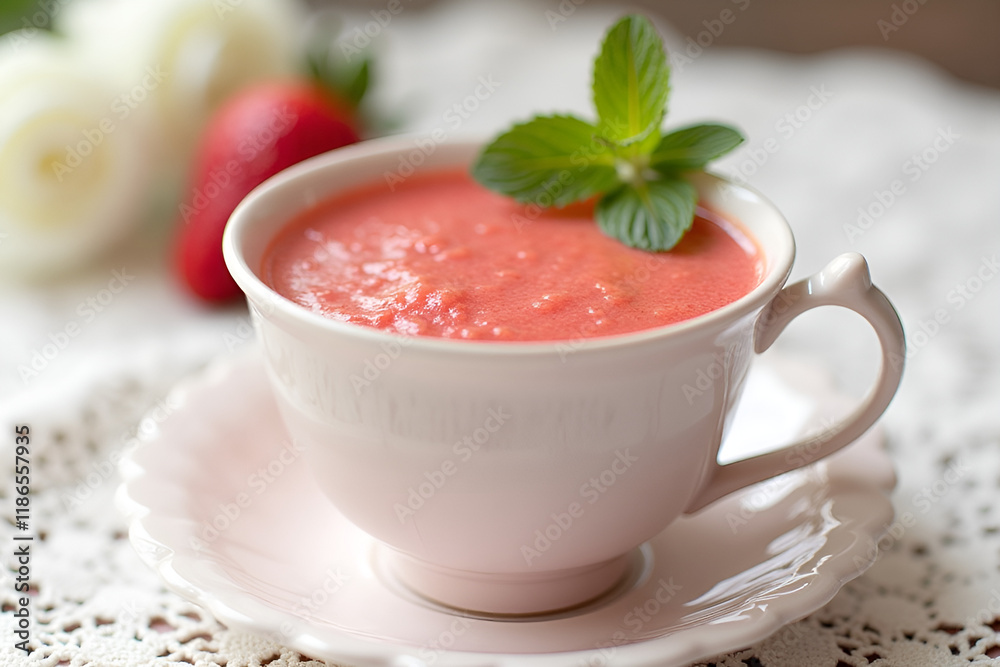 Elegant Pink Strawberry Soup with Mint Garnish in Vintage Teacup Elegant Pink Strawberry Soup with Mint Garnish in Vintage Teacup
