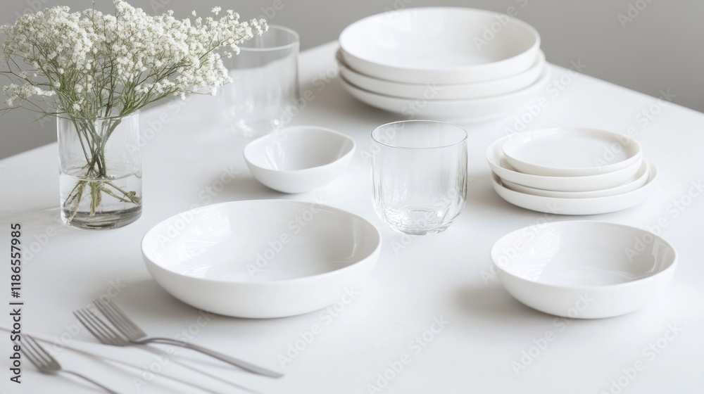 Minimalist white tableware setting with flowers, bowls, plates, glasses, and cutlery on a white table. Minimalist white tableware setting with flowers, bowls, plates, glasses, and cutlery on a white table.