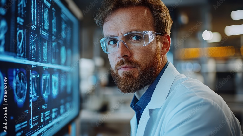 Focused Scientist Analyzing Data on a Large Monitor in a Modern Lab Focused Scientist Analyzing Data on a Large Monitor in a Modern Lab