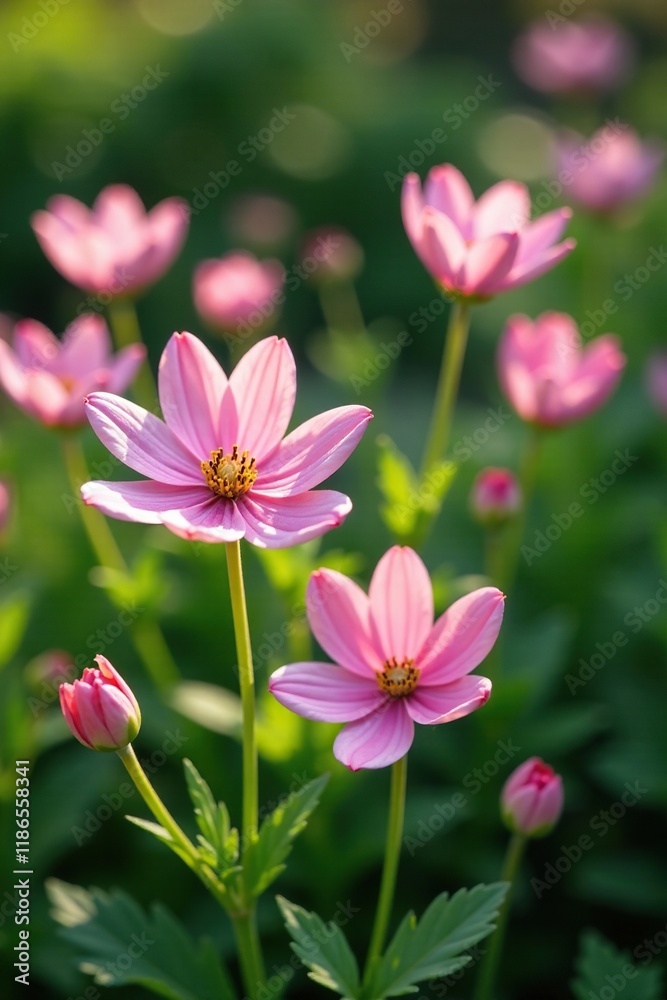 Delicate pink flowers blooming in a garden amidst green foliage and stems, garden blooms, botanical, pink flowers Delicate pink flowers blooming in a garden amidst green foliage and stems, garden blooms, botanical, pink flowers