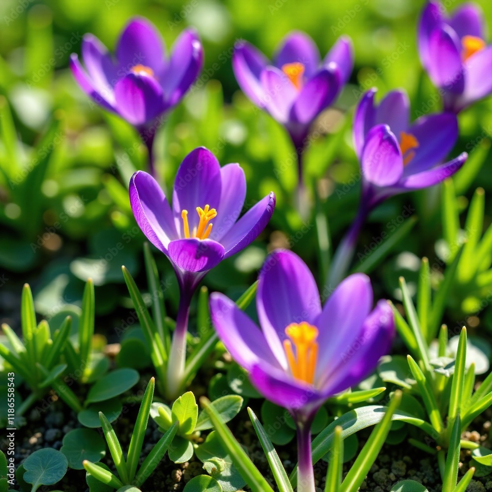 Fresh purple crocus flowers blooming in a green meadow, crocus, flowers Fresh purple crocus flowers blooming in a green meadow, crocus, flowers
