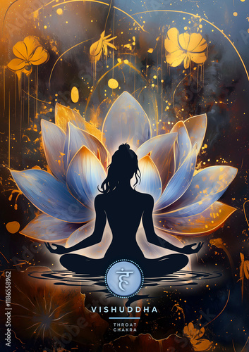 Throat chakra meditation in yoga lotus pose, in front of Vishuddha chakra symbol. Peaceful decor for lightworkers, massage therapists, reiki chakra energy healers, yoga studios. Oilpainting, Collage.