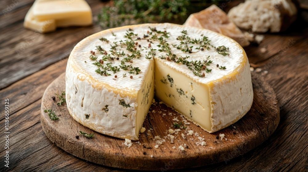 Cheese platter with herbs and fruits displayed on rustic wooden table gourmet food for wine pairing cheese delicacies Cheese platter with herbs and fruits displayed on rustic wooden table gourmet food for wine pairing cheese delicacies