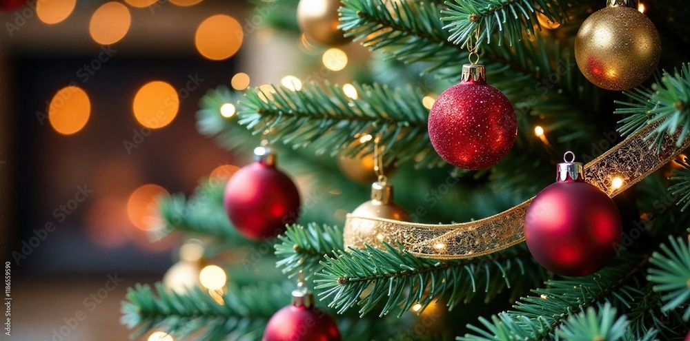 Fototapeta premium Soft tulle fabric billows around delicate Christmas tree ornaments, lights, ornaments