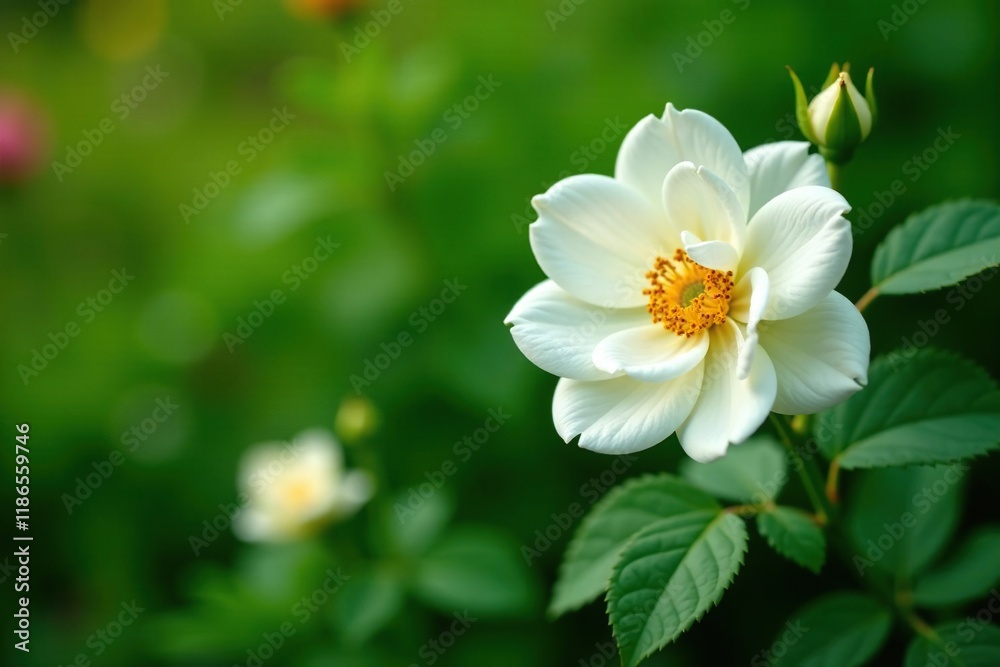 White Midsummer Rose blooming in a lush green garden, midsummer rose, foliage, roses White Midsummer Rose blooming in a lush green garden, midsummer rose, foliage, roses