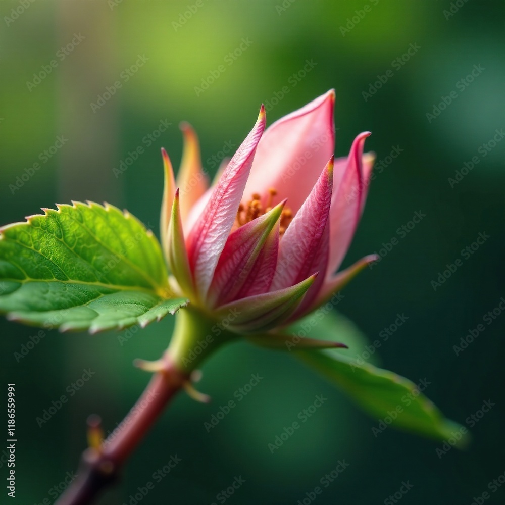Delicate petals unfurl on slender blackberry branch, stem, branch, natural light Delicate petals unfurl on slender blackberry branch, stem, branch, natural light