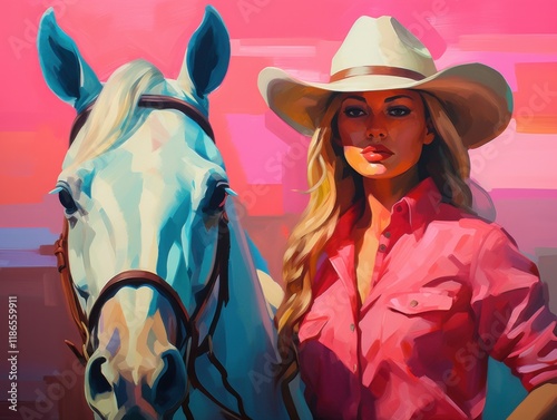 Beautiful woman in cowboy hat poses with white horse against vibrant pink background during sunset in rural landscape