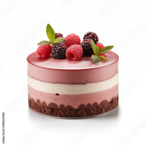 Layered Raspberry Mousse Cake with Blackberries and Mint