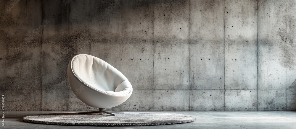 Modern concrete wall interior with a chic white chair and a cozy round rug creating a stylish and inviting decor atmosphere