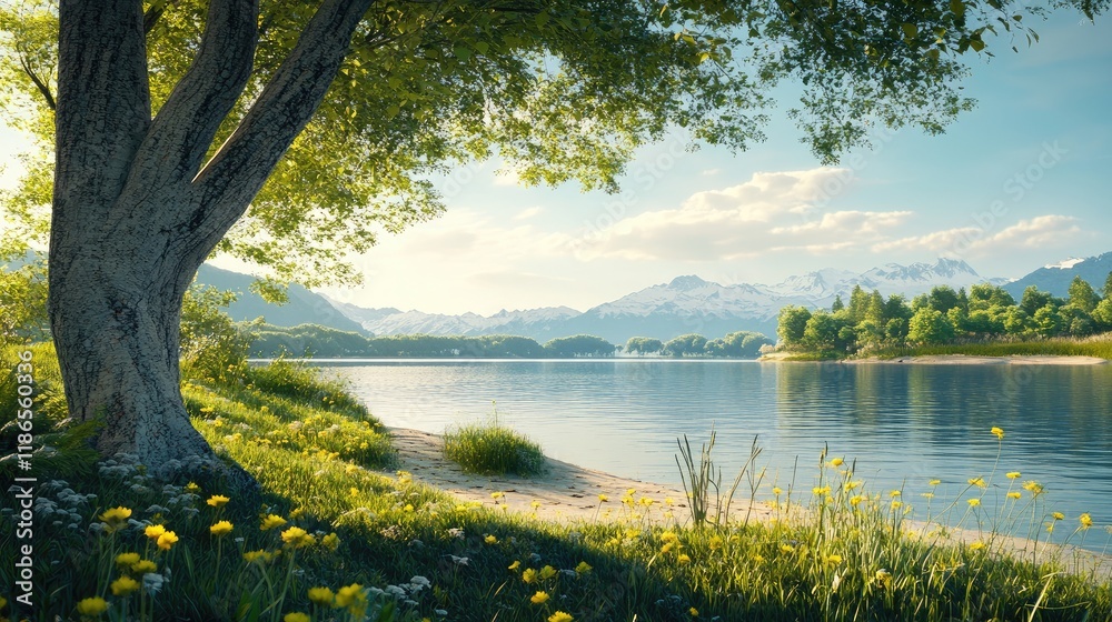 Obraz premium Serene summer lakeside view with lush greenery, blooming flowers, and picturesque mountain backdrop under a clear blue sky