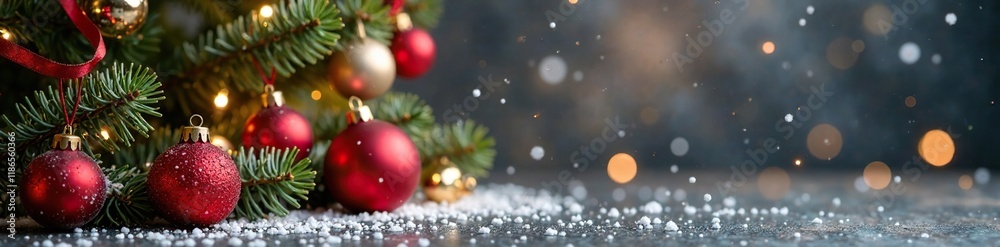 snowflakes gently fall on a decorated background, christmas decorations, shiny ornaments snowflakes gently fall on a decorated background, christmas decorations, shiny ornaments