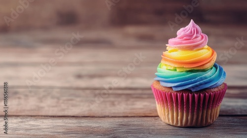 Colorful rainbow cupcake placed on a rustic wooden table showcasing vibrant frosting and a delightful presentation for dessert lovers photo