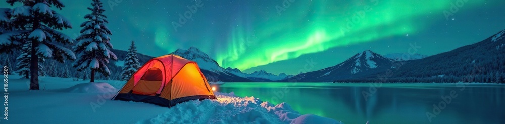 A glowing tent under the northern lights in a snowy landscape by a frozen lake with pine trees, tent, snowy landscape, pine trees