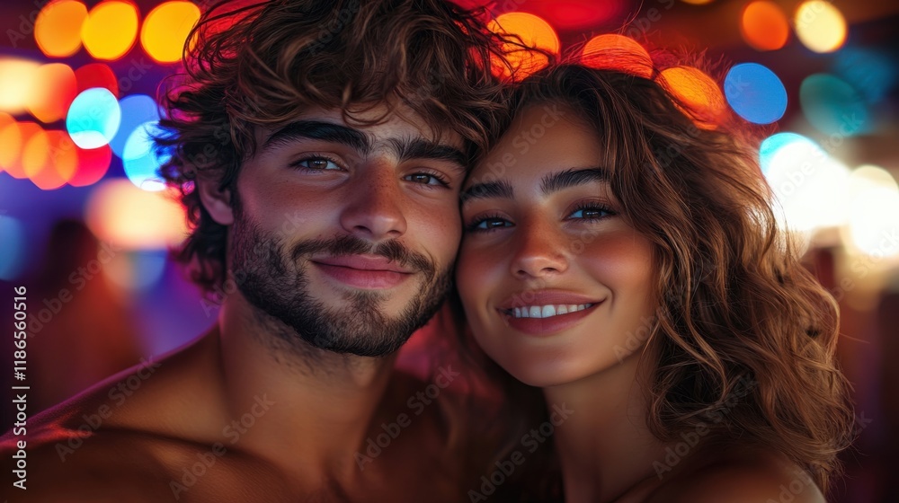 Couple enjoying a vibrant evening together at a lively event with colorful lights in the background Couple enjoying a vibrant evening together at a lively event with colorful lights in the background