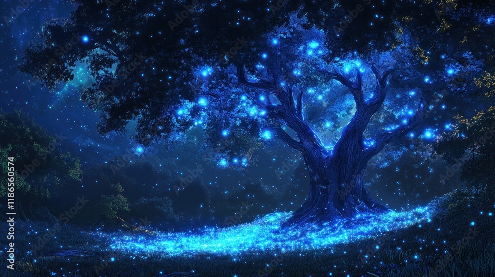 Glowing blue tree at night in a mystical forest. Glowing blue tree at night in a mystical forest.