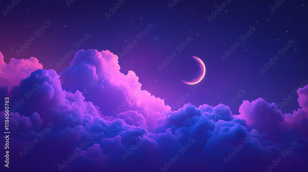 Obraz premium Celestial Dreamscape: A crescent moon graces a breathtaking night sky, adrift in a sea of vibrant purple and pink clouds. An ethereal and calming image perfect for fantasy, dreams, and tranquility.