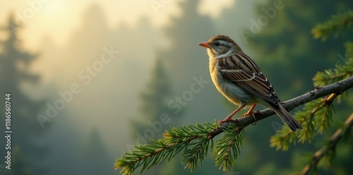 A song sparrow perches on the twig of a coastal evergreen in the misty Oregon morning, banond, wildlife, mist photo