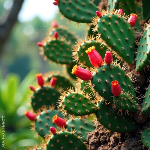 Cactus growing on tree with bright red flowers, tropical plants, nature photography, tree cactus photo