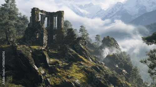 Ancient stone fortress ruins surrounded by lush forest and majestic mountains under a dramatic sky with mist and clouds