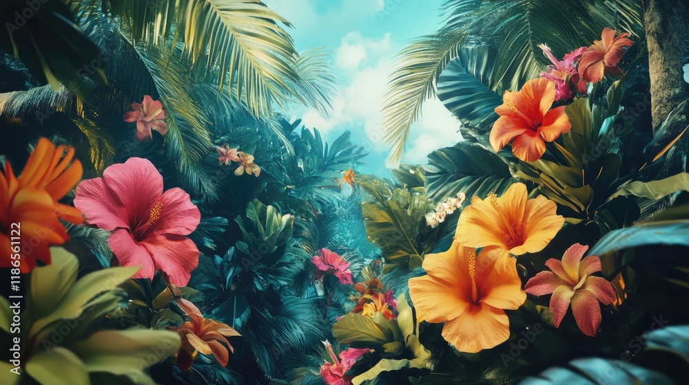 Fototapeta premium Lush Tropical Paradise with Vibrant Flowers and Exotic Foliage Under Bright Clear Sky