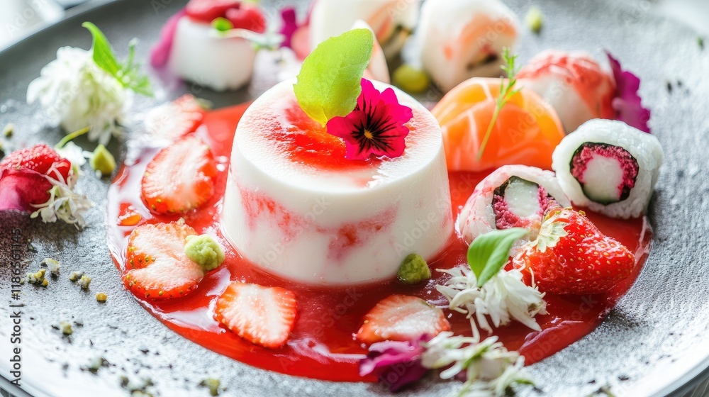 Sushi and Panna Cotta with Strawberry Sauce and Edible Flowers on a Elegant Plate Sushi and Panna Cotta with Strawberry Sauce and Edible Flowers on a Elegant Plate