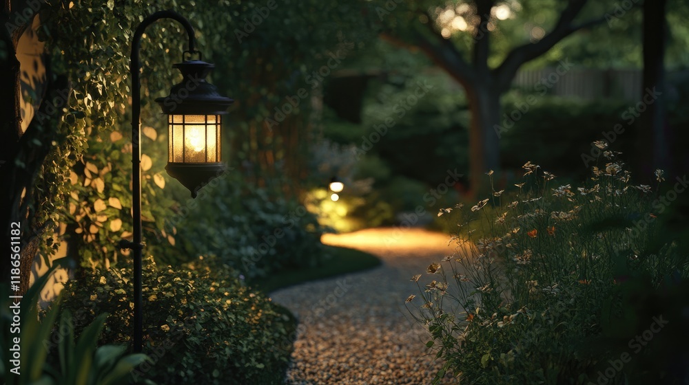 Warm garden lantern illuminating a winding path at night creating a cozy atmosphere for gatherings and peaceful strolls in nature Warm garden lantern illuminating a winding path at night creating a cozy atmosphere for gatherings and peaceful strolls in nature