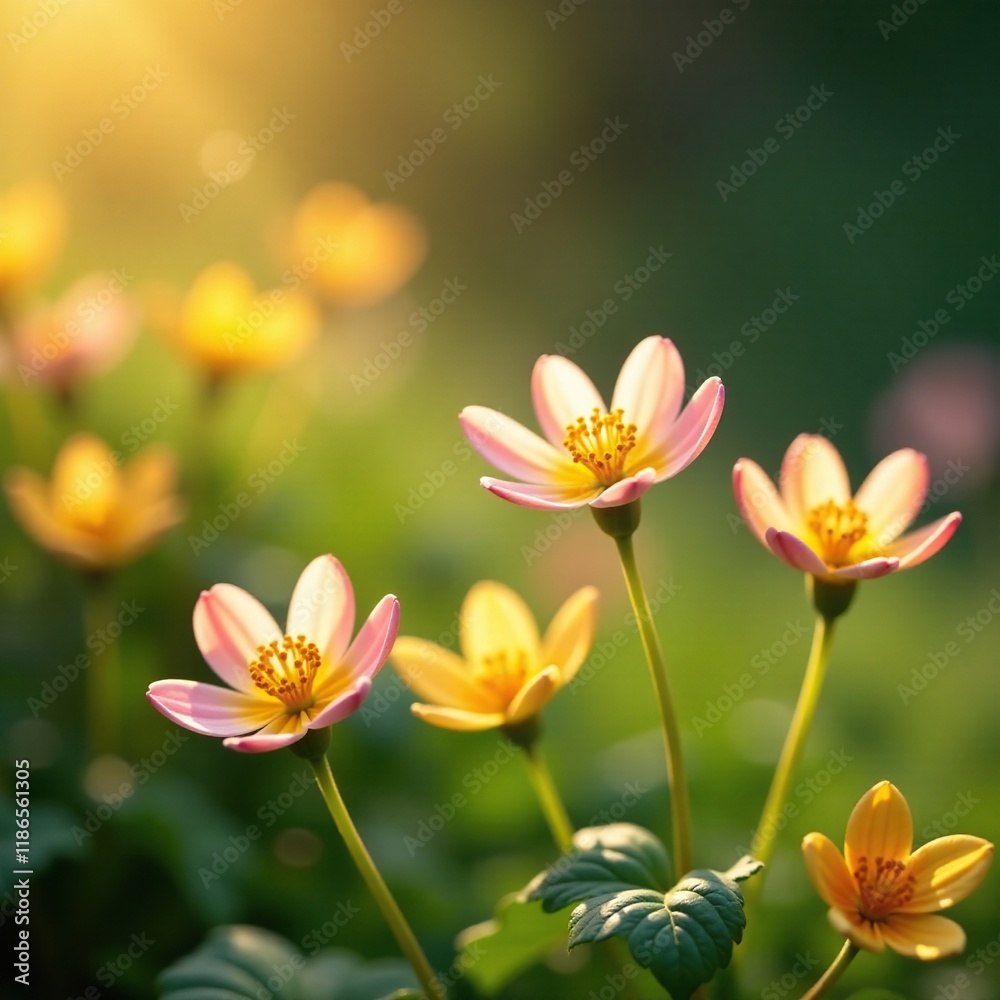 Primrose flowers swaying gently in the warm sunlight of afternoon, nature's hues, wildflowers Primrose flowers swaying gently in the warm sunlight of afternoon, nature's hues, wildflowers