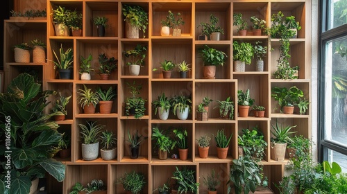 Wallpaper Mural Modern wooden grid shelves showcasing a diverse collection of potted plants in a bright indoor setting Torontodigital.ca