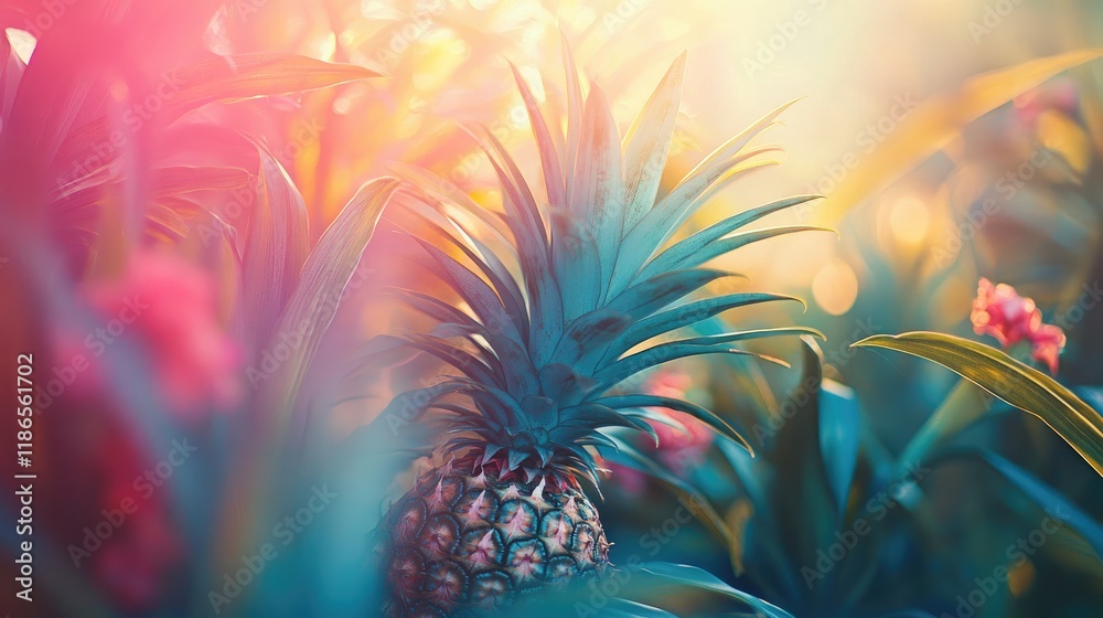 Fototapeta premium Tropical pineapple surrounded by lush foliage with soft focus lighting for health and wellness promotions or nature-themed projects