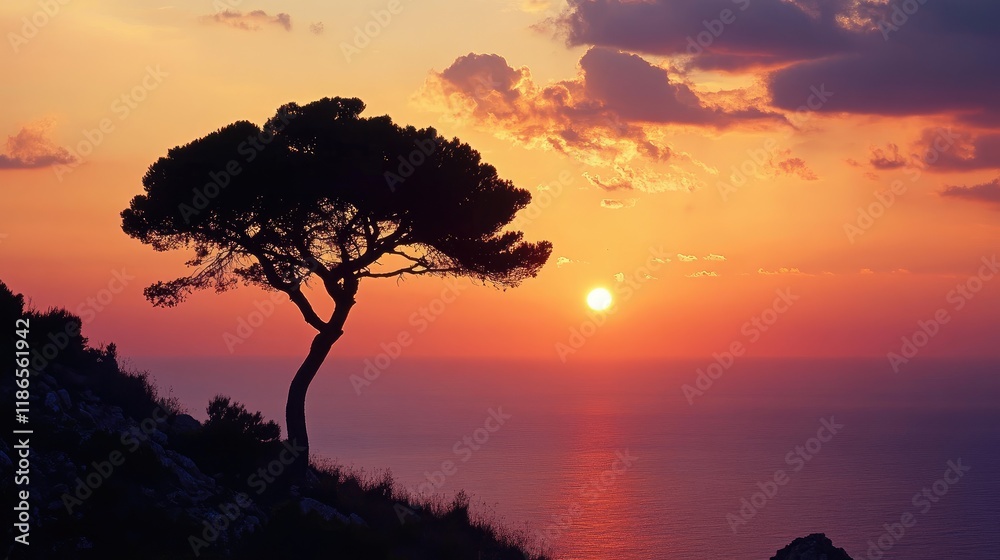 Fototapeta premium Silhouette of a solitary pine tree against a vibrant sunset over the ocean with dramatic clouds and serene atmosphere