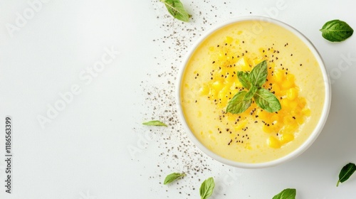 Delicious tapioca pudding topped with fresh mango puree and mint leaves on a minimalist white background