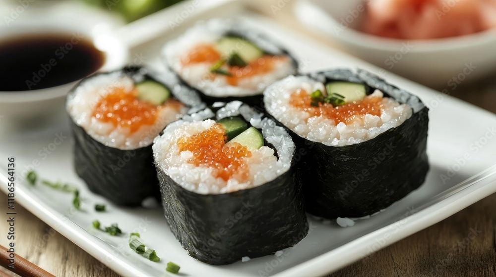 Sushi rolls with cucumber and salmon roe served on a white plate with dipping sauce and fresh ingredients in the background Sushi rolls with cucumber and salmon roe served on a white plate with dipping sauce and fresh ingredients in the background