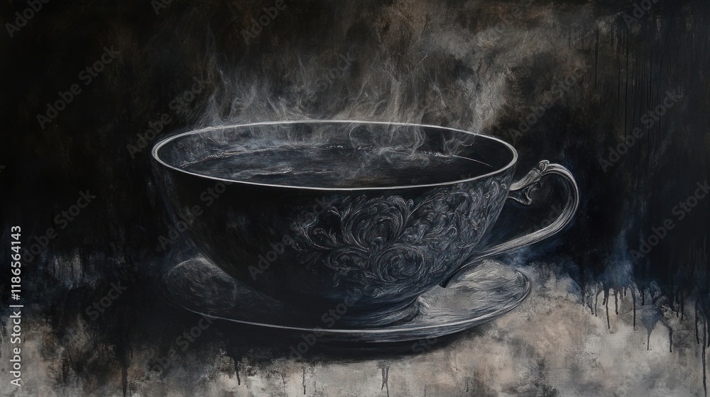 Steaming dark tea in an ornate cup on saucer. Steaming dark tea in an ornate cup on saucer.