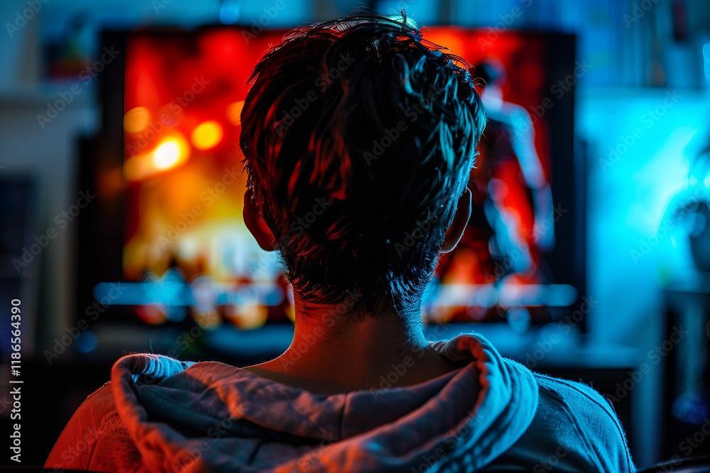 Generative AI Image of a Person Watching a Movie at Home with Vibrant Cinema Ambiance Generative AI Image of a Person Watching a Movie at Home with Vibrant Cinema Ambiance