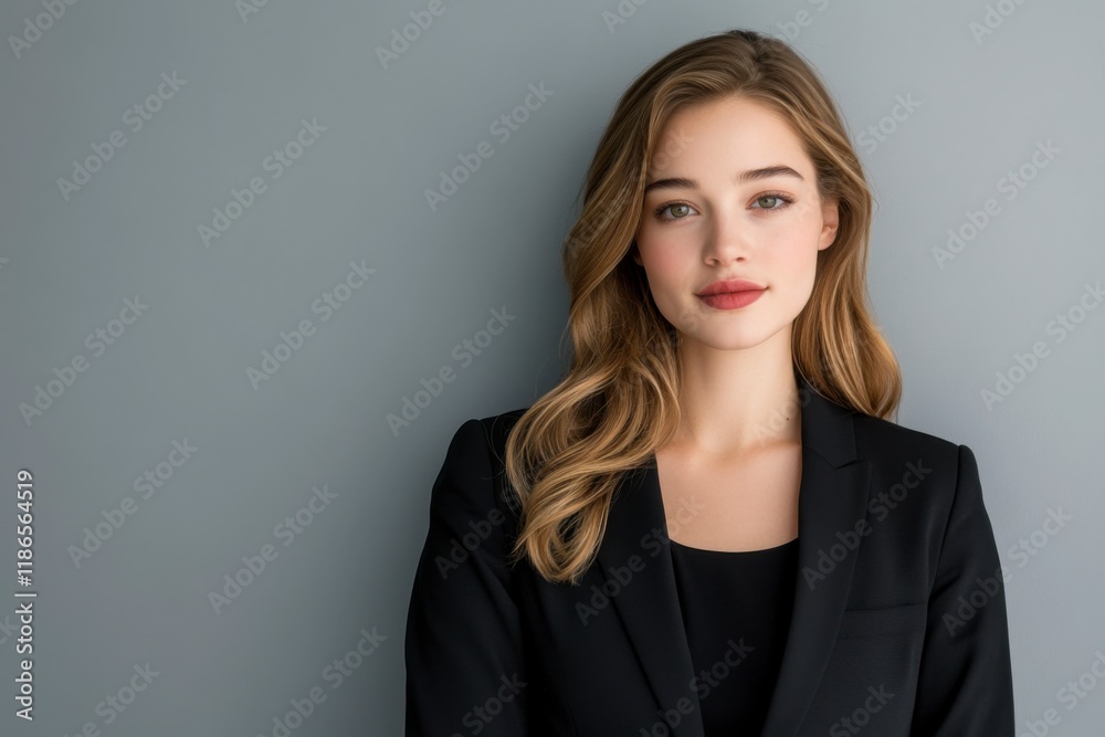 Confident and Composed: A young woman with long, flowing brown hair and captivating brown eyes, exudes confidence and composure in her sleek black blazer, standing against a gray backdrop. Confident and Composed: A young woman with long, flowing brown hair and captivating brown eyes, exudes confidence and composure in her sleek black blazer, standing against a gray backdrop.
