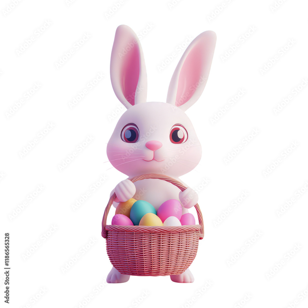 Cute cartoon 3D render of Easter bunny holding basket with pastel colored eggs. Cute cartoon 3D render of Easter bunny holding basket with pastel colored eggs.