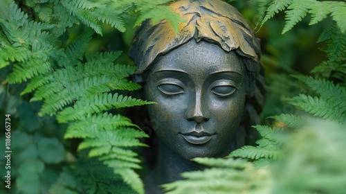 Statue of a Female Idol Surrounded by Lush Green Ferns in a Natural Setting photo