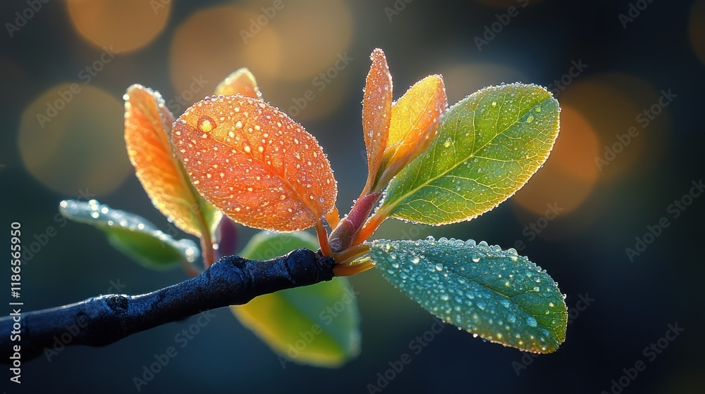 Dew-covered colorful spring leaves on a branch against a bokeh background. Dew-covered colorful spring leaves on a branch against a bokeh background.