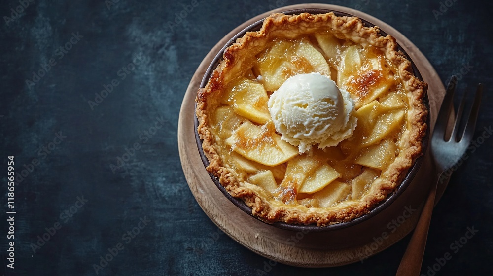 Apple pie with vanilla ice cream on wooden board. Apple pie with vanilla ice cream on wooden board.