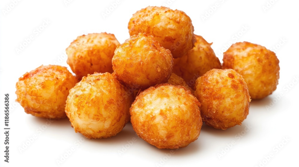 Crispy golden brown tater tots stacked on a white background showcasing a delicious and appetizing comfort food treat. Crispy golden brown tater tots stacked on a white background showcasing a delicious and appetizing comfort food treat.