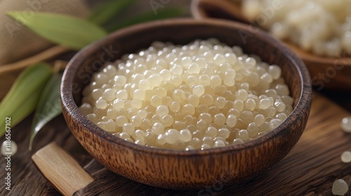 Tapioca Pearls in Wooden Bowl Natural Food Ingredients for Desserts and Beverages photo