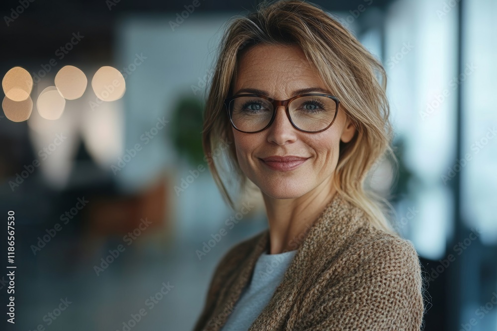 Happy mature businesswoman using cell phone in office and looking at camera. Generative AI Happy mature businesswoman using cell phone in office and looking at camera. Generative AI