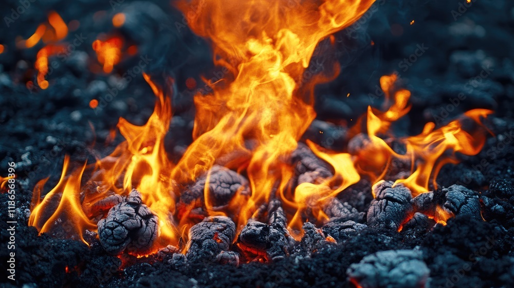 Flames Erupting from Charcoal with Vibrant Fire and Smoke Displaying Energy and Combustion Dynamics in a Dramatic Setting Flames Erupting from Charcoal with Vibrant Fire and Smoke Displaying Energy and Combustion Dynamics in a Dramatic Setting