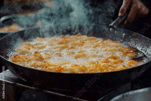 Close up of crispy samosas fried in large pan generated.AI photo