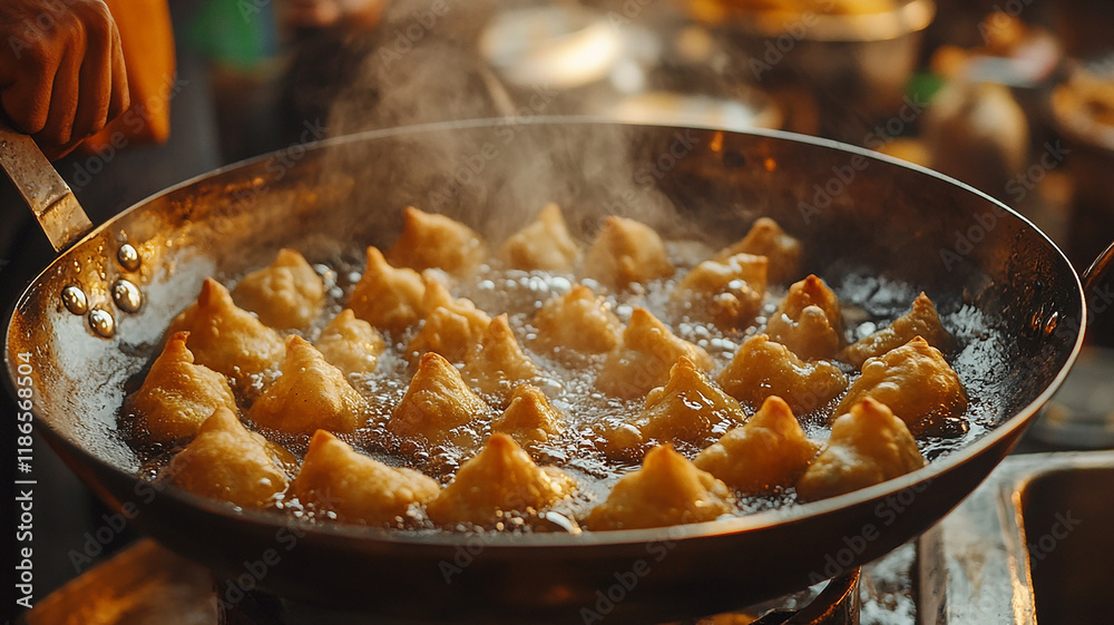 Close up of crispy samosas fried in large pan generated.AI Close up of crispy samosas fried in large pan generated.AI