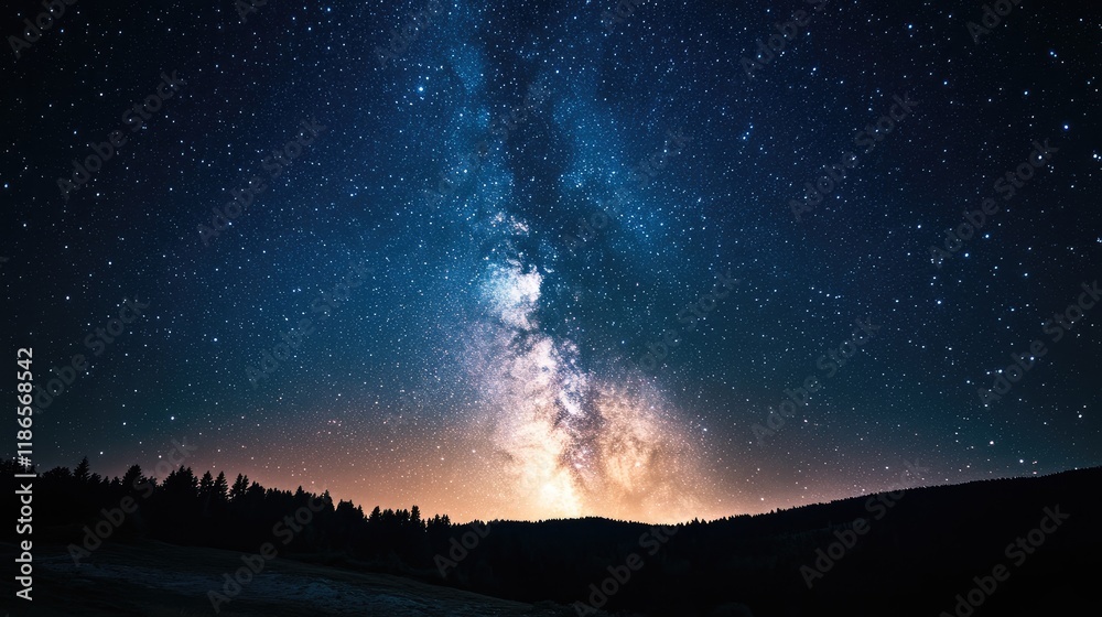 Majestic Milky Way galaxy illuminated in a starry night sky above a serene landscape silhouette Majestic Milky Way galaxy illuminated in a starry night sky above a serene landscape silhouette