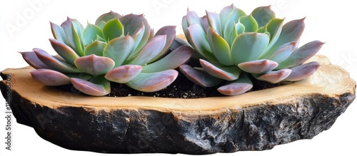 Succulent terrarium with Echeveria lilacina in rustic wooden stump pot ideal for stylish indoor decoration and nature-inspired design photo